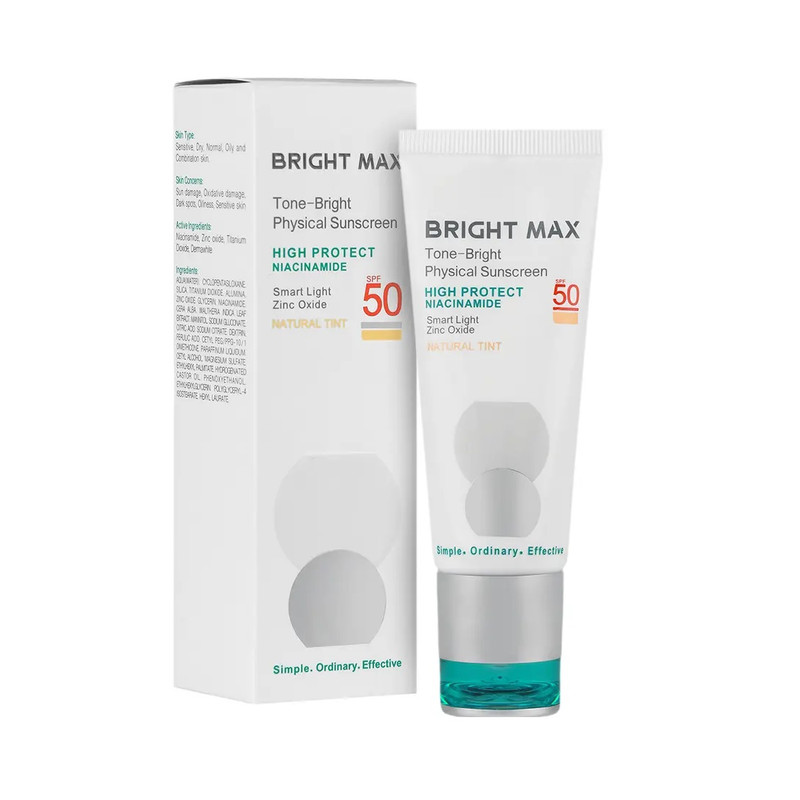 کرم ضد آفتاب فیزیکال تن_برایت بی رنگ  SPF50 برایت مکس حجم 50میلی لیتر