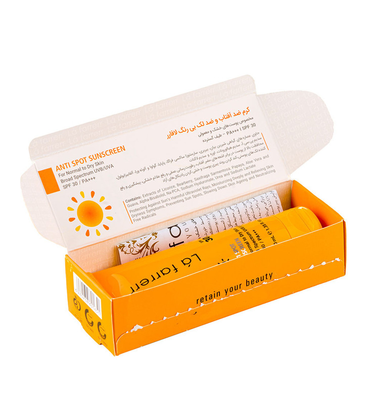 کرم ضدآفتاب و ضد لک بی رنگ SPF30 لافارر مخصوص پوستهای خشک و معمولی